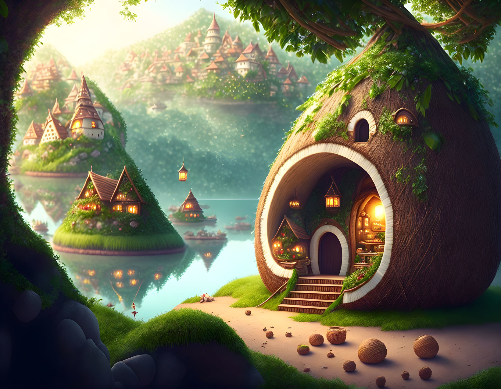 Enchanting fantasy village with cozy hobbit-like houses and serene lake