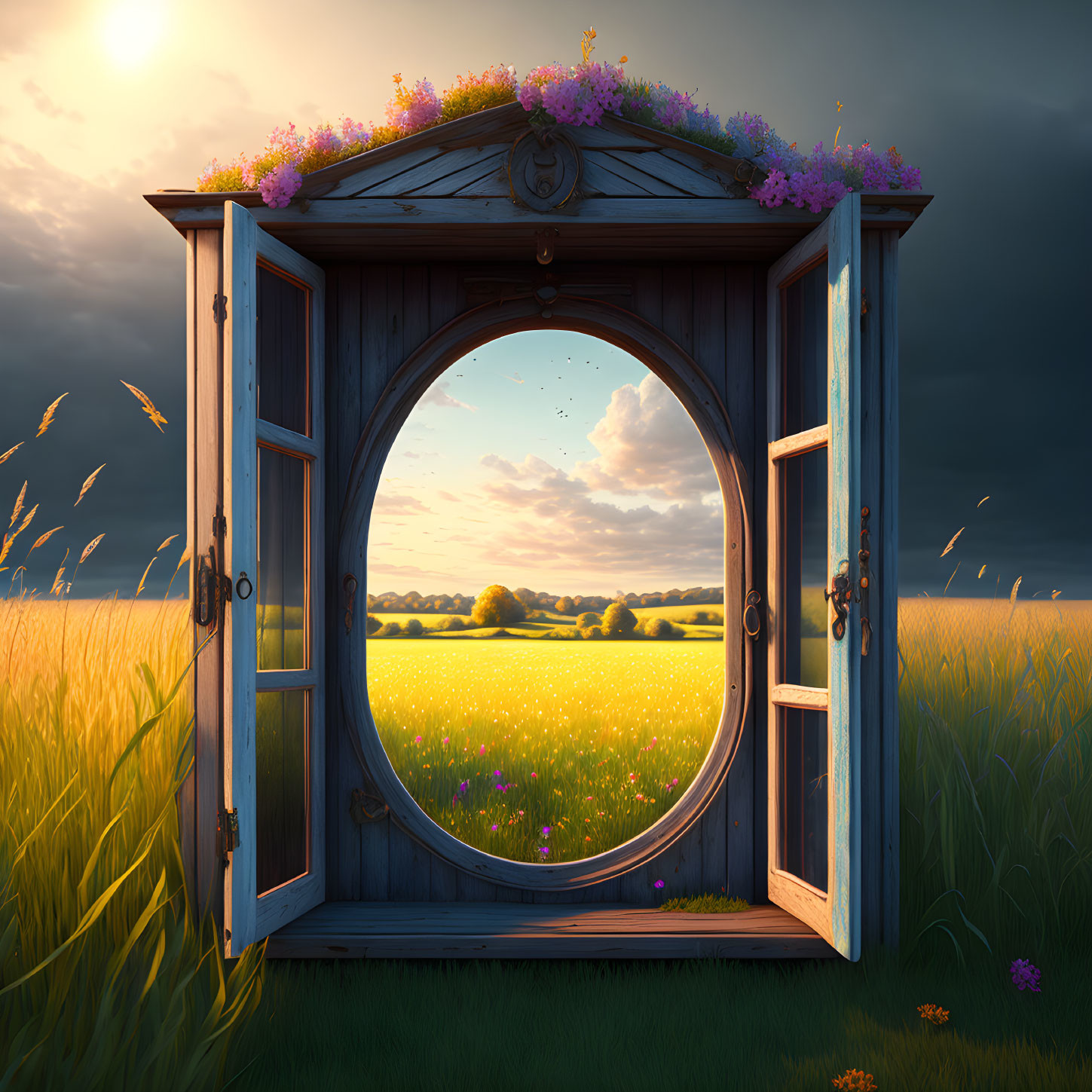 Ornate wooden door in field leads to tranquil sunset meadow