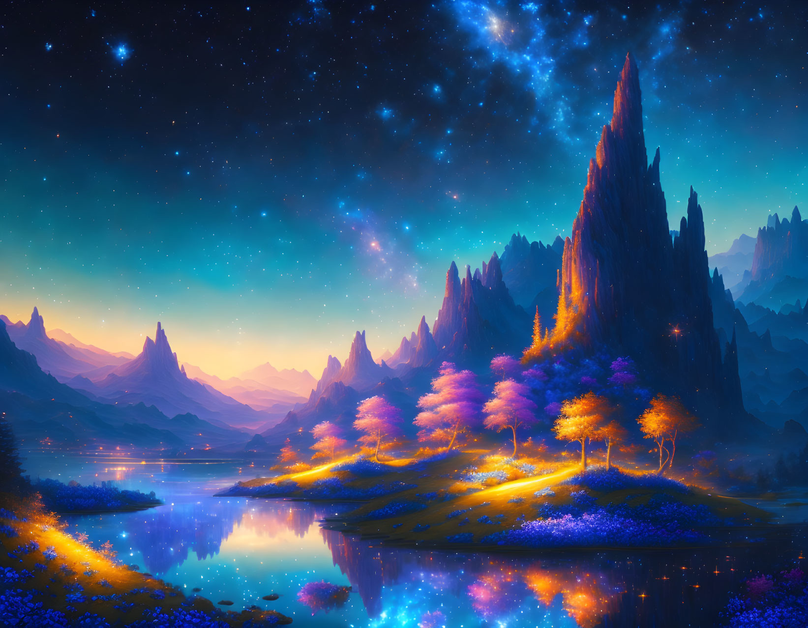 Majestic mountains and starry night sky in serene fantasy landscape