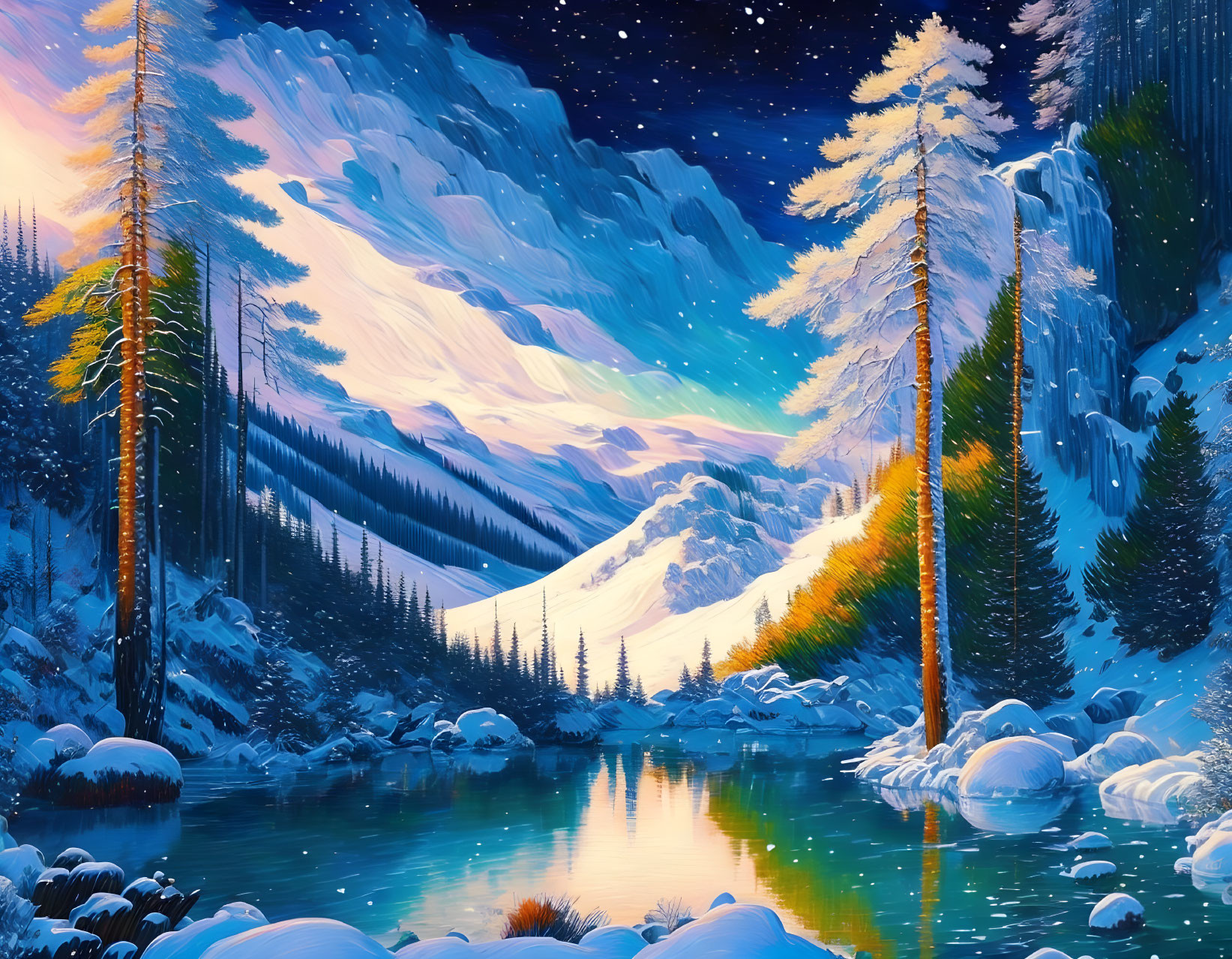 Snow-covered forest, tranquil lake, and mountain under starry sky