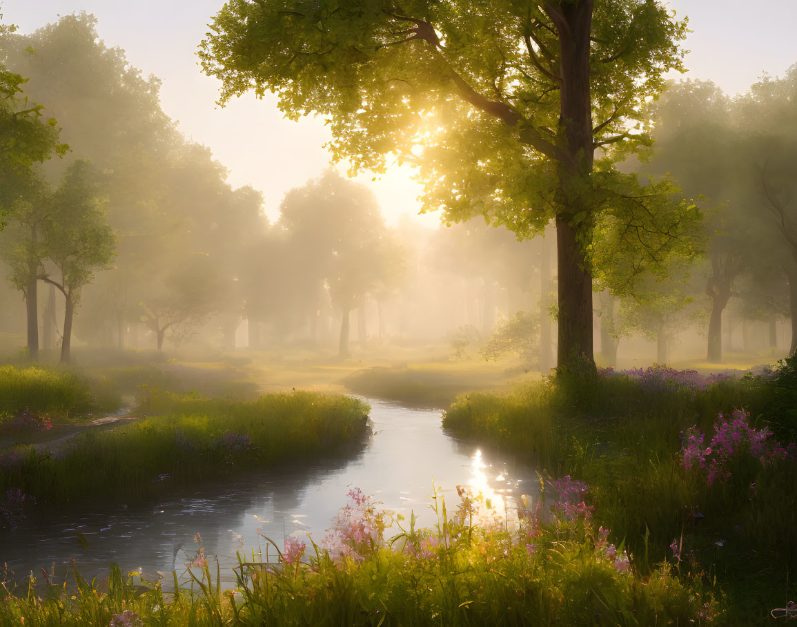 Misty forest sunrise over tranquil stream and lush trees