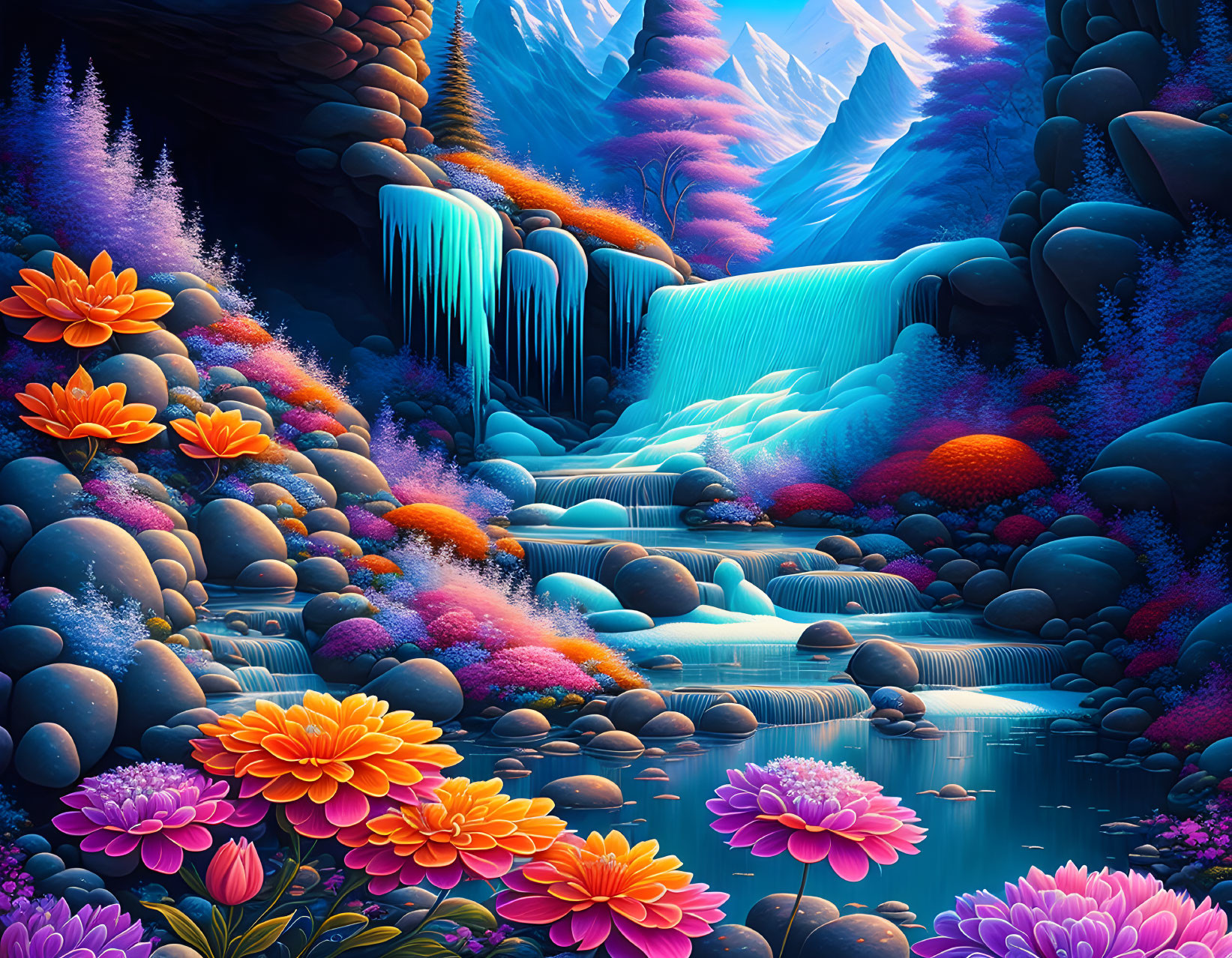 Colorful Landscape with Waterfall, Icy Formations, Flora, River, and Mountains at