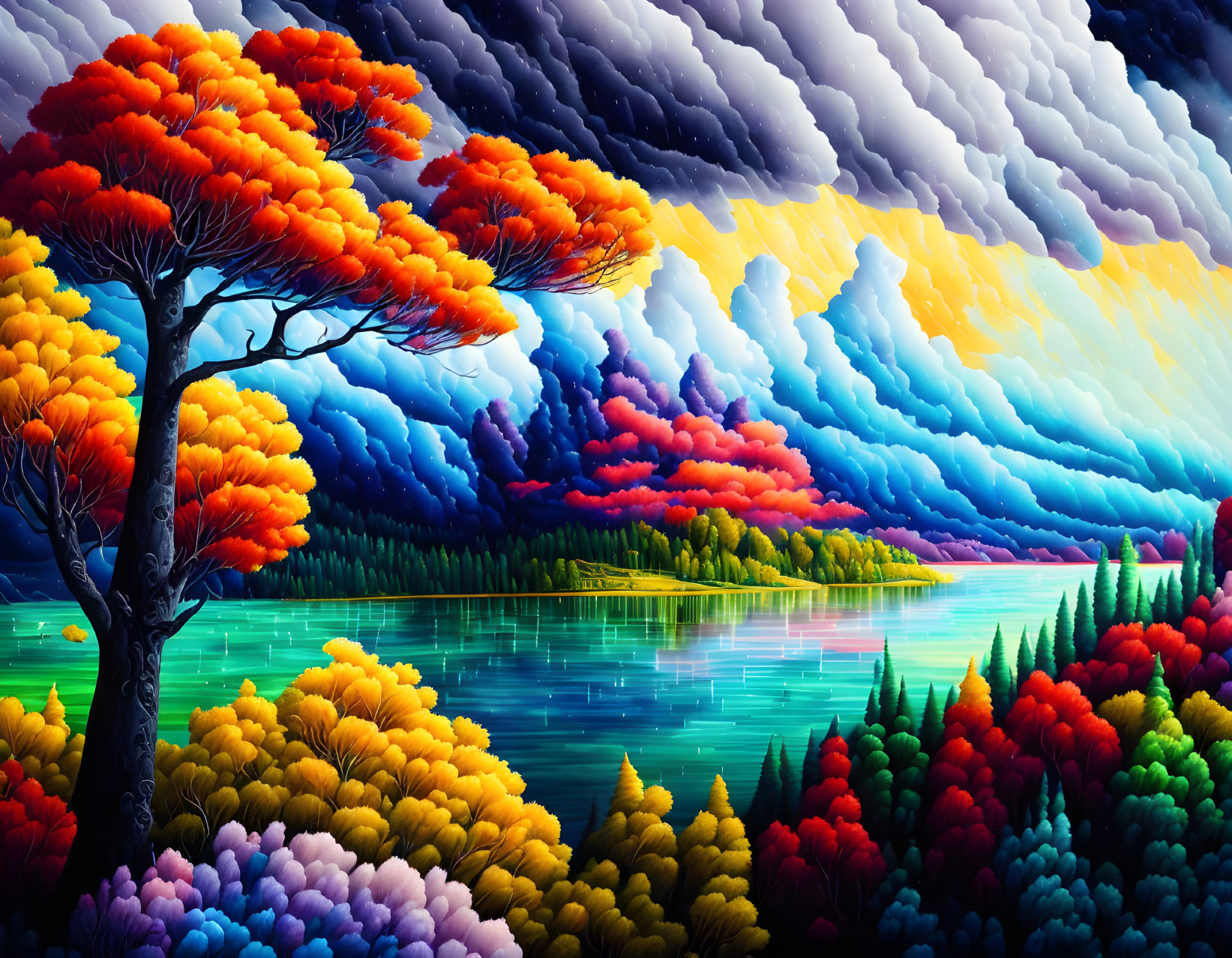 Colorful Forest Landscape Painting with Lake and Cloud-Filled Sky