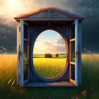 Ornate wooden door in field leads to tranquil sunset meadow