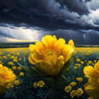 Dramatic sky with lightning strikes and yellow flowers