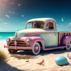 Vintage Pink Pickup Truck on Sandy Beach with Seagulls and Beach Items