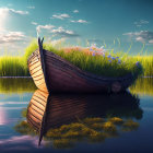 Tranquil lakeside view with rowboat and sailboat