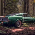 Classic Green Mustang Parked in Forest with Sunlight Filtering Through Trees