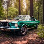 Vintage Green Ford Mustang in Tranquil Forest Setting