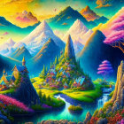 Colorful landscape with whimsical mountains and charming houses