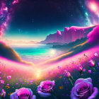 Fantasy landscape with glowing sky, stars, beach, and oversized roses