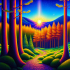 Nighttime forest scene with starlit sky, full moon, luminous trees, and winding path.