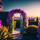 Vibrant pink flowers over garden pathway with city skyline at sunset