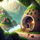 Enchanting fantasy village with cozy hobbit-like houses and serene lake