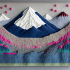 Mountain-themed textured wall art with white peaks, blue ridges, and pink floral accents