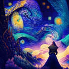 Digital artwork: Swirling celestial patterns with figure in cloak, vibrant blues, yellows, oranges