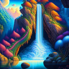 Colorful Digital Artwork of Fantastical Landscape with Waterfall