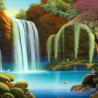 Tranquil landscape with waterfall, lush greenery, vibrant trees, and blue lake