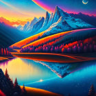 Colorful landscape with snow-capped mountains, reflective lake, forest, sunset, and starry sky