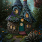 Enchanted fairytale cottage in lush magical forest