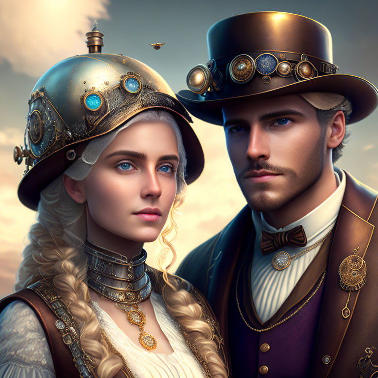 Steampunk-themed couple in vintage sci-fi attire with top hat and metal helmet.