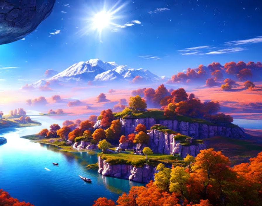 Colorful autumn landscape with river, boats, mountains, sun, and moon