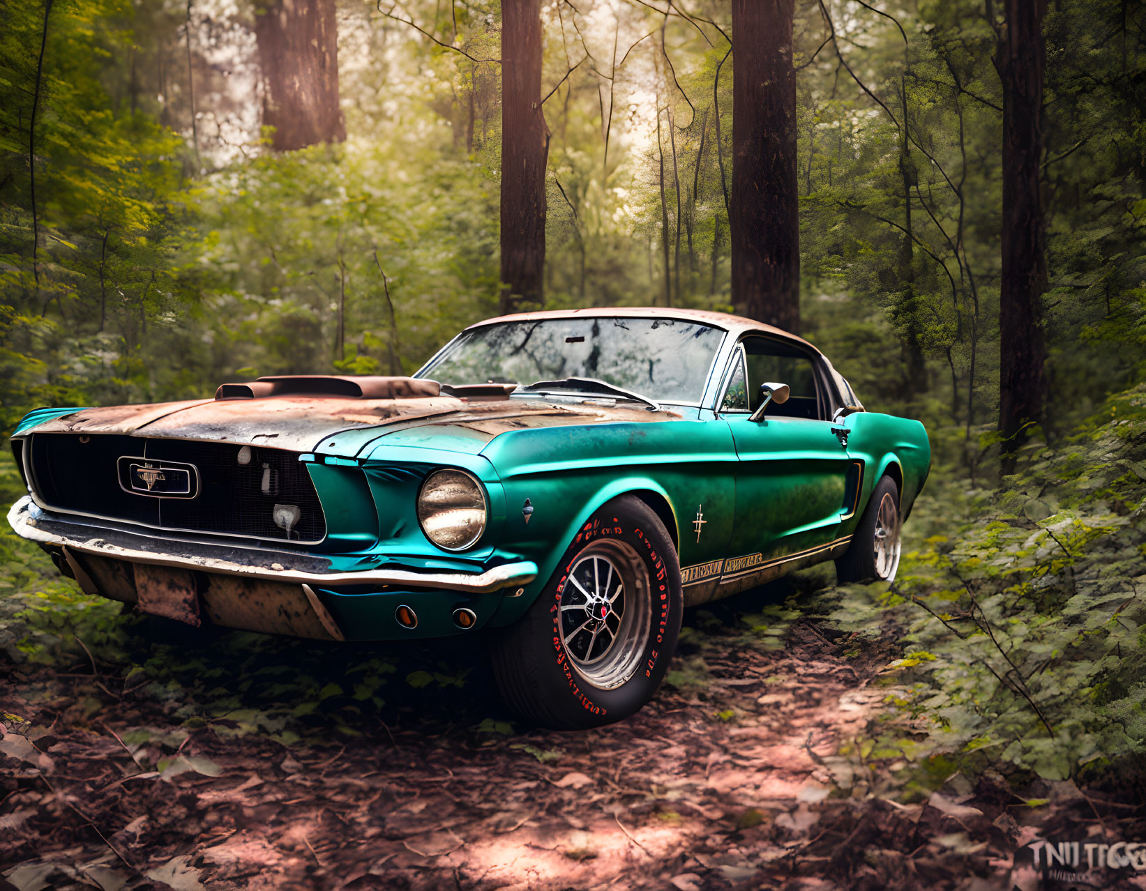 Vintage Green Ford Mustang in Tranquil Forest Setting