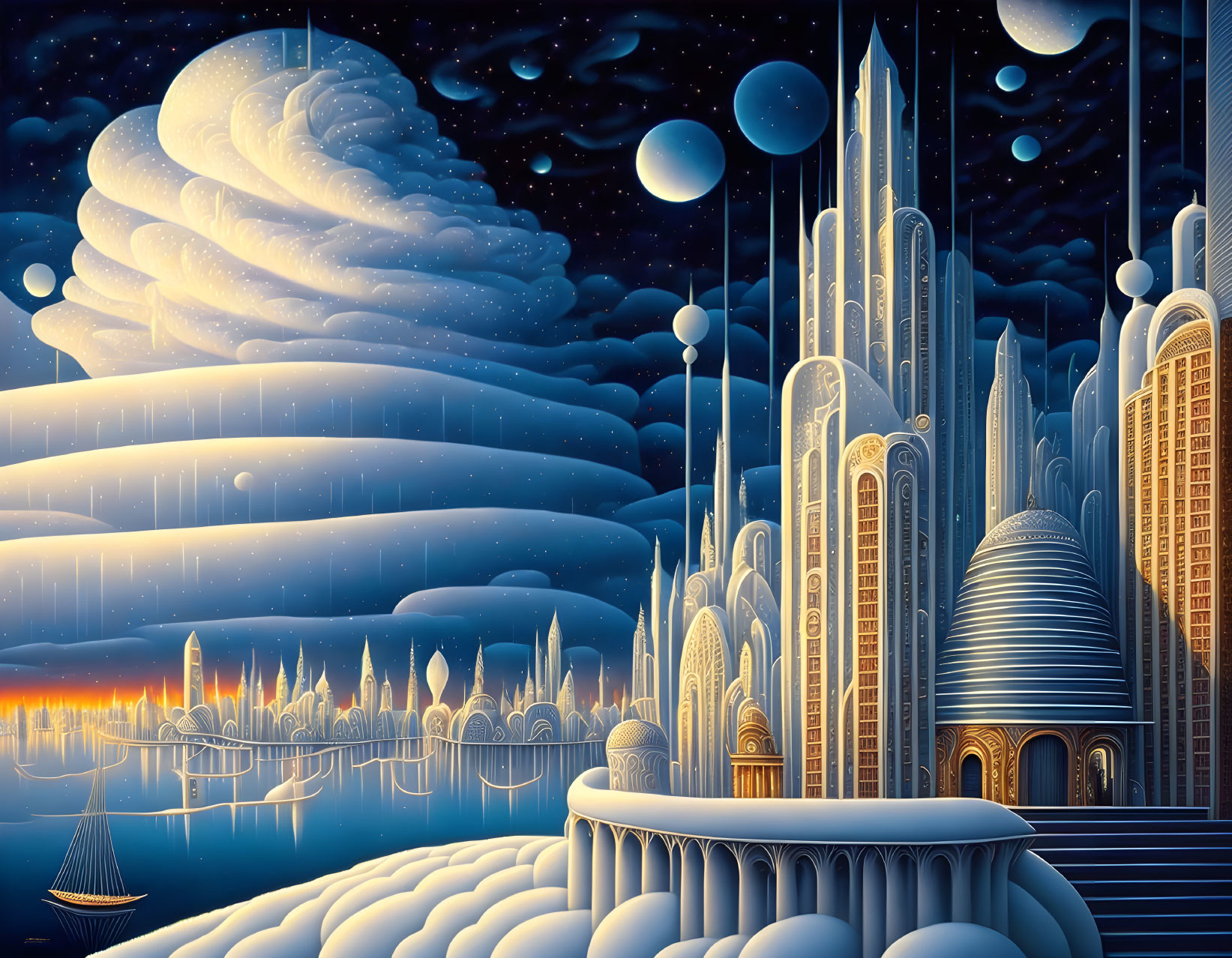 Futuristic cityscape with starry sky and planets: a serene, fantastical artwork.