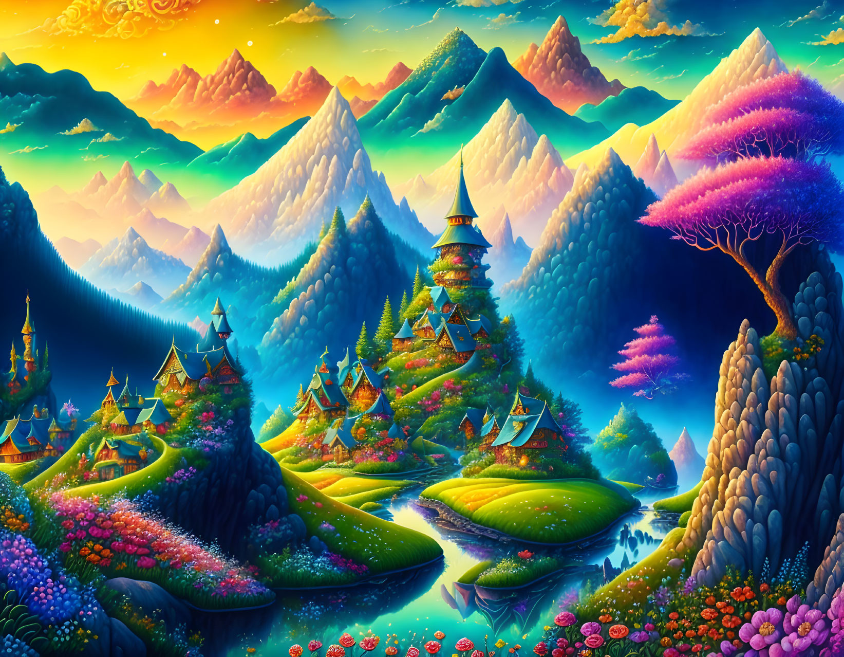 Colorful landscape with whimsical mountains and charming houses