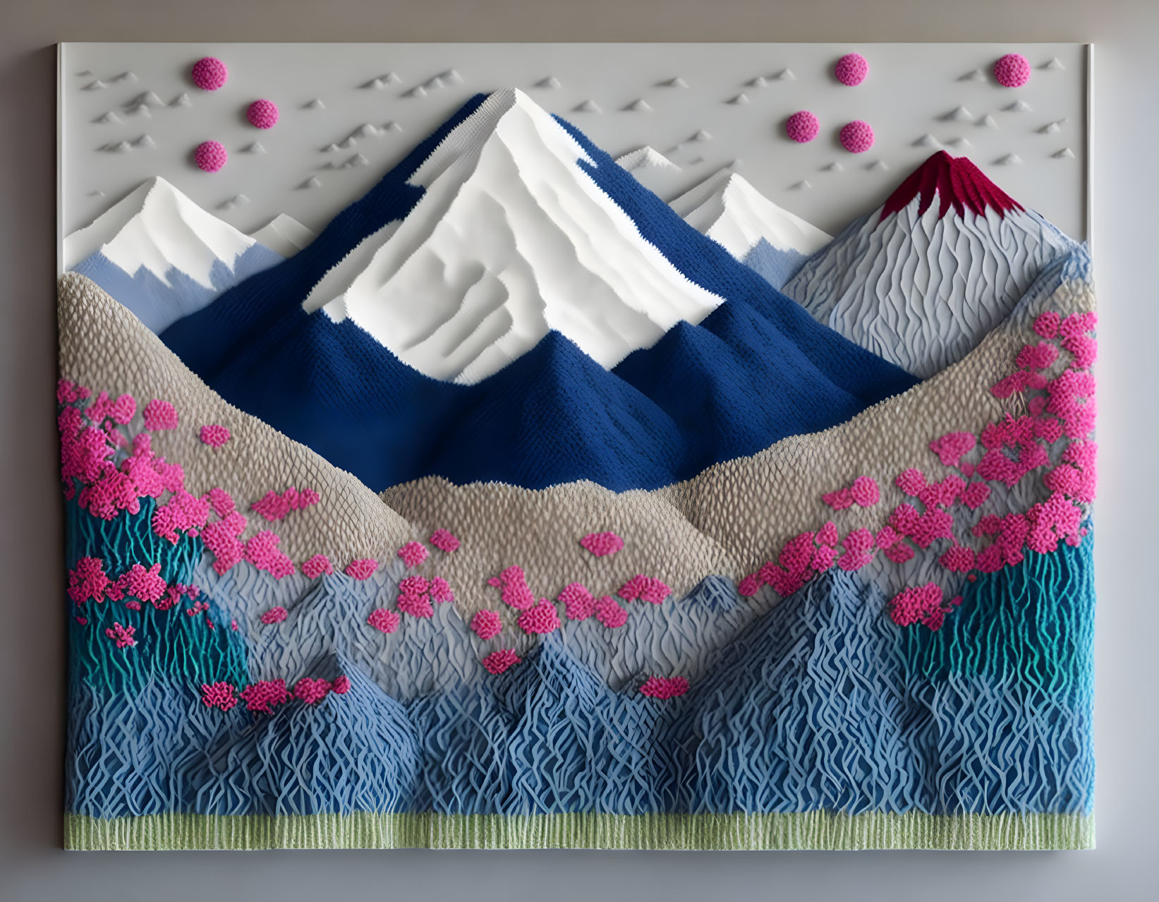 Mountain-themed textured wall art with white peaks, blue ridges, and pink floral accents