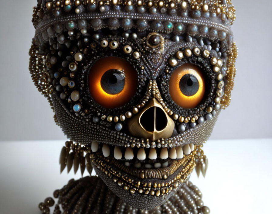 Ornate skull with orange eyes and golden nose on neutral background