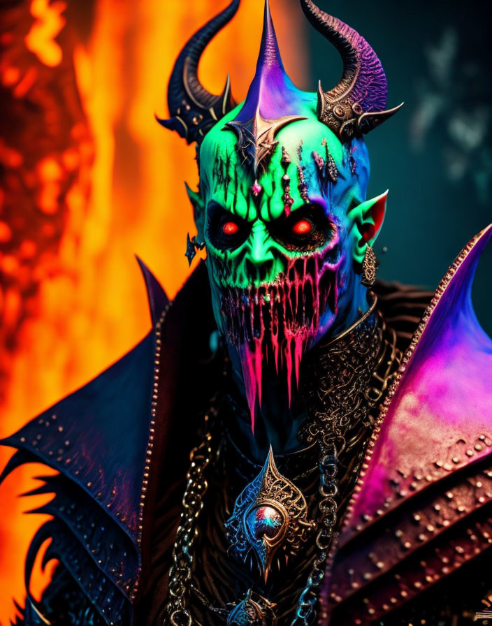 Sinister figure with demonic skull face in dark armor and fiery background