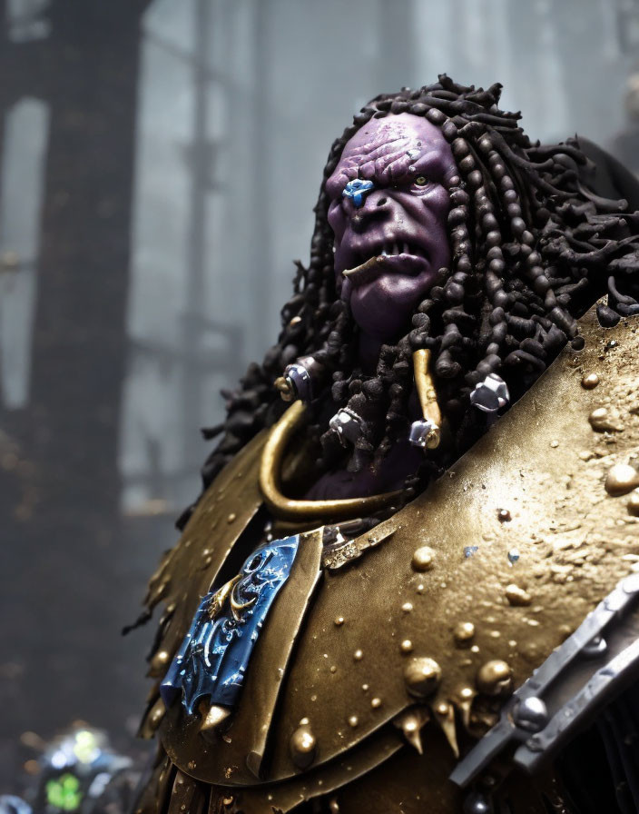 Character costume with dark dreadlocks, purple skin, gold rings, and ornate blue-gold armor