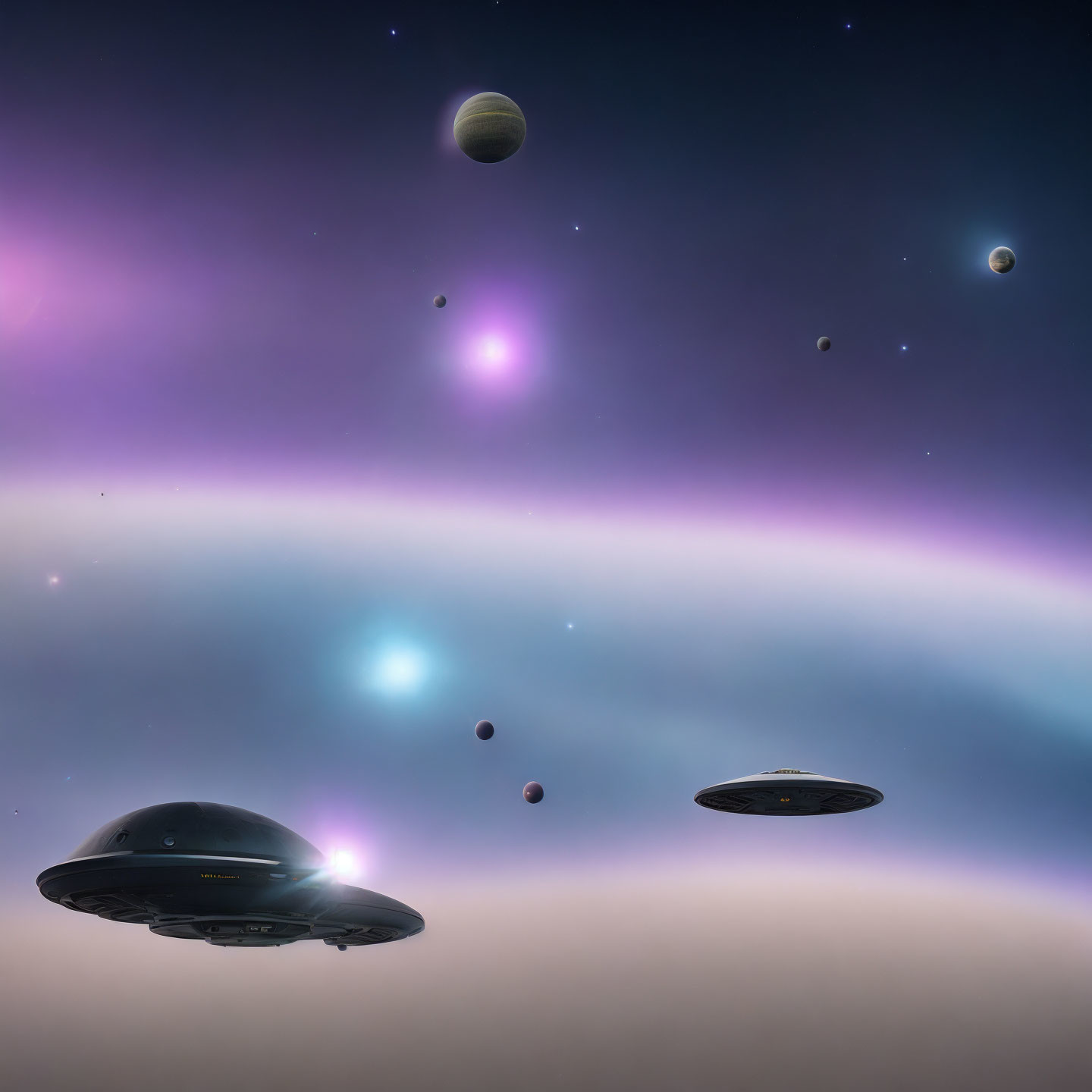 Multiple UFOs in starry sky with colorful nebulae and planets of varying sizes.