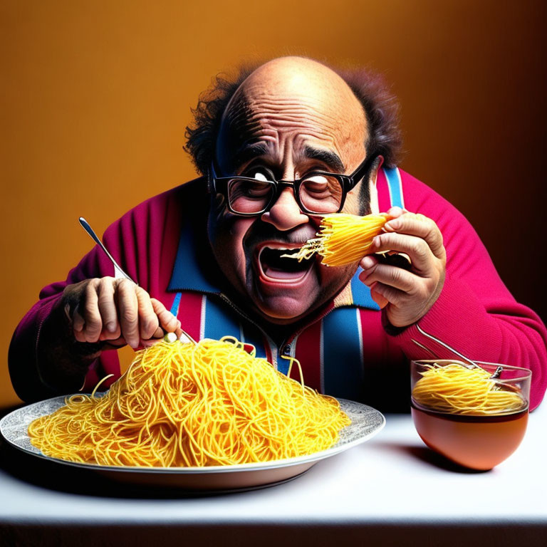 Jovial man in glasses eating spaghetti with suspenders on orange backdrop