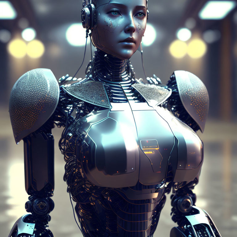 Detailed Female Humanoid Robot with Headphones in Futuristic Setting
