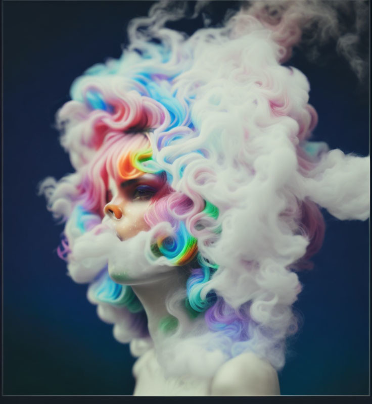 Vibrant multicolored hair blending into whimsical smoke swirls