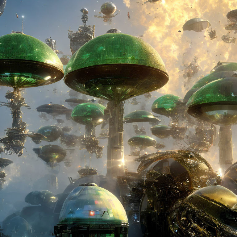 Explosive futuristic cityscape with green domes and debris