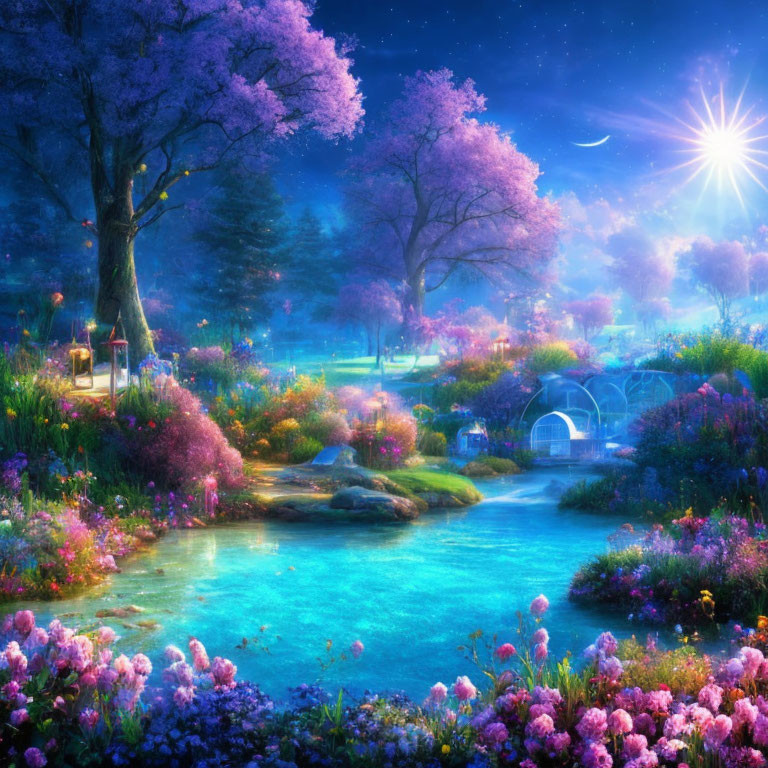 Blossoming pink trees and tranquil pond under starry sky