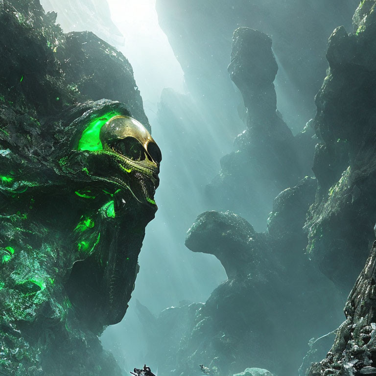 Glowing green-eyed colossal skull in misty rocky landscape with tiny human figure