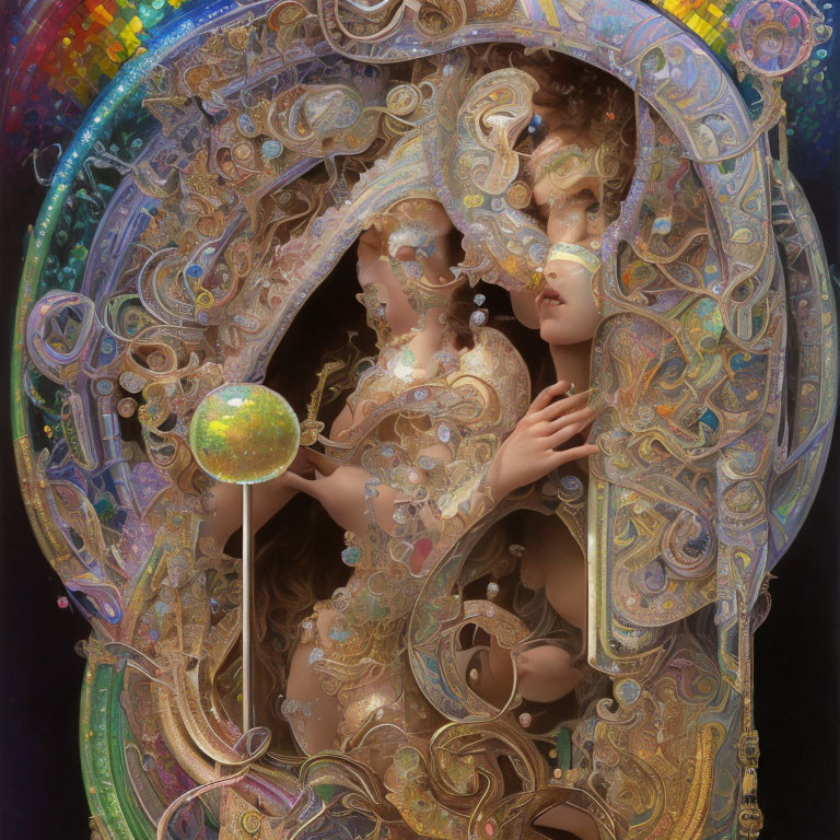 Surreal artwork: Entwined figures in golden circular frame with cosmic sphere