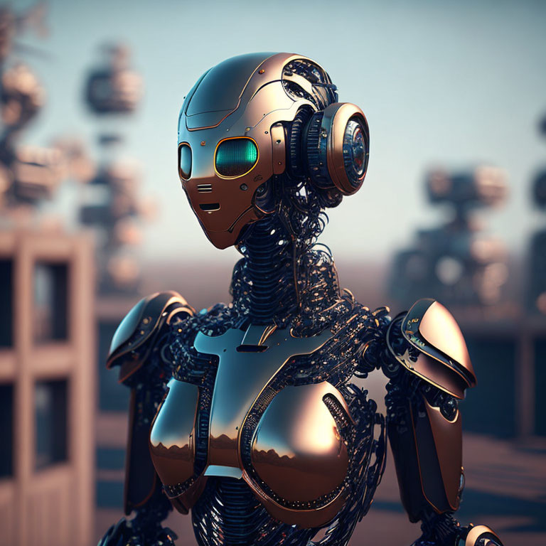 Detailed 3D Rendering of Futuristic Gold and Silver Robot