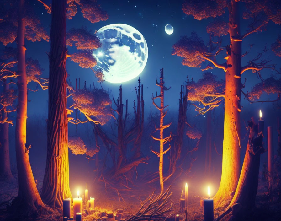 Nighttime forest scene with glowing moon, trees, candles, and blue sky