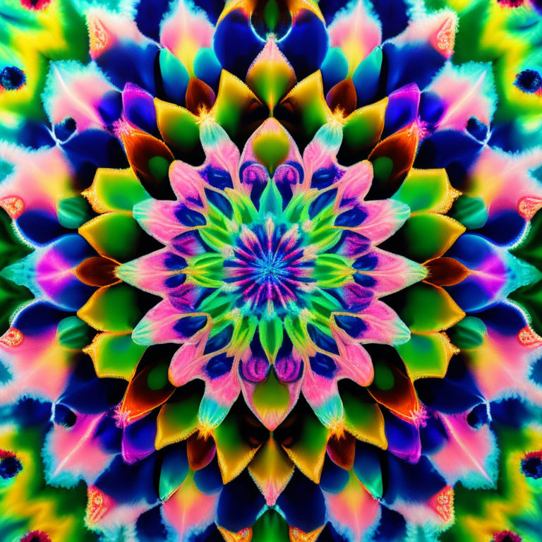 Colorful Symmetrical Kaleidoscopic Floral Pattern in Blue, Green, Purple & Pink