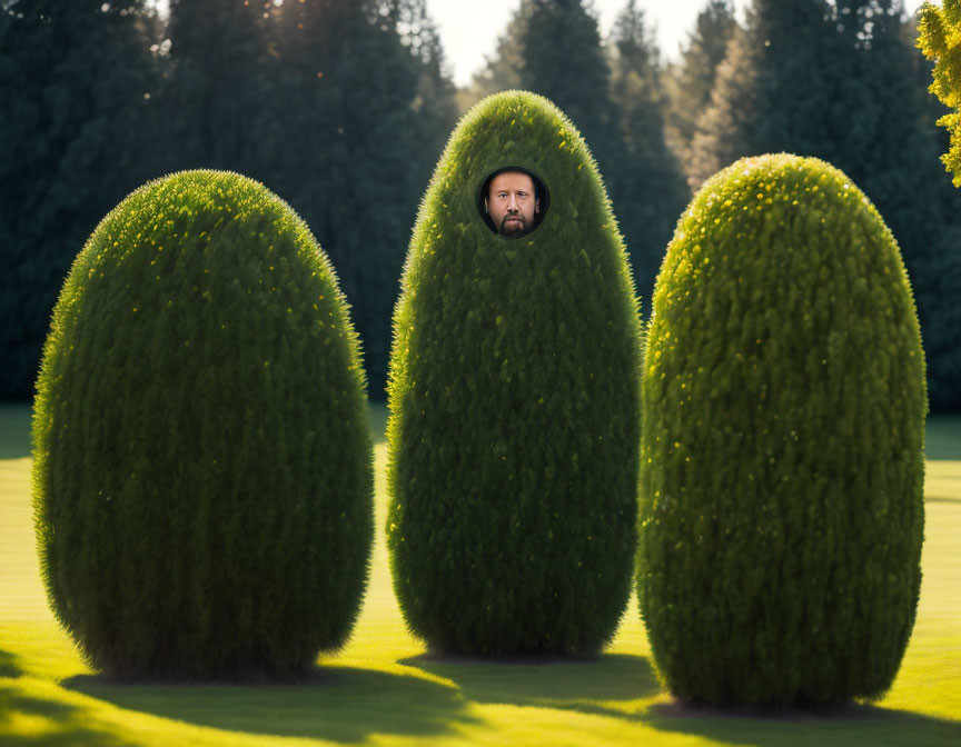 Person peeking through oval hedge in soft sunlight