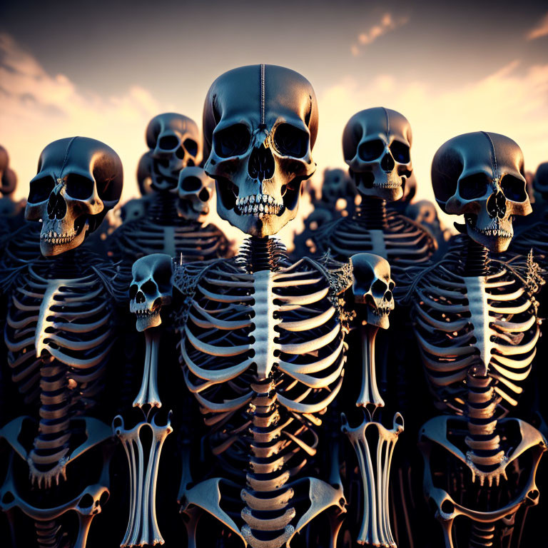 Skeletal Figures Against Dramatic Dusk Sky