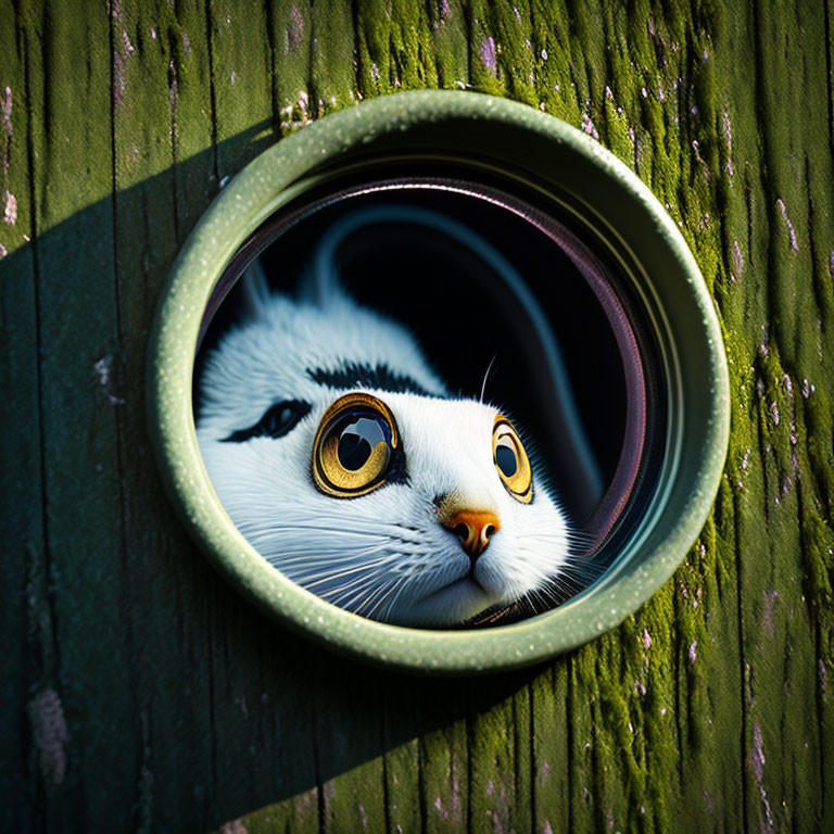 Curious Cat Peering Through Round Hole in Green Wooden Surface