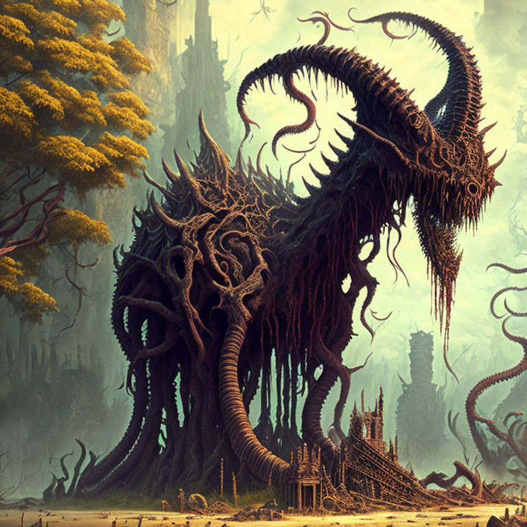 Dark fantasy landscape with towering tree-like creature and tentacles among yellow-leafed trees and ruins under