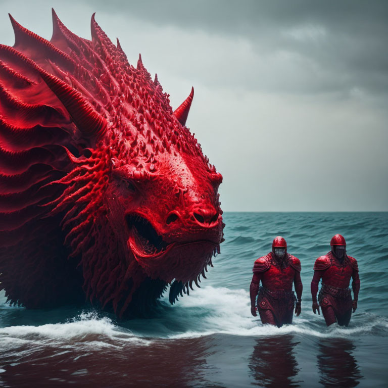 Massive red dragon and two armored figures emerge from the sea