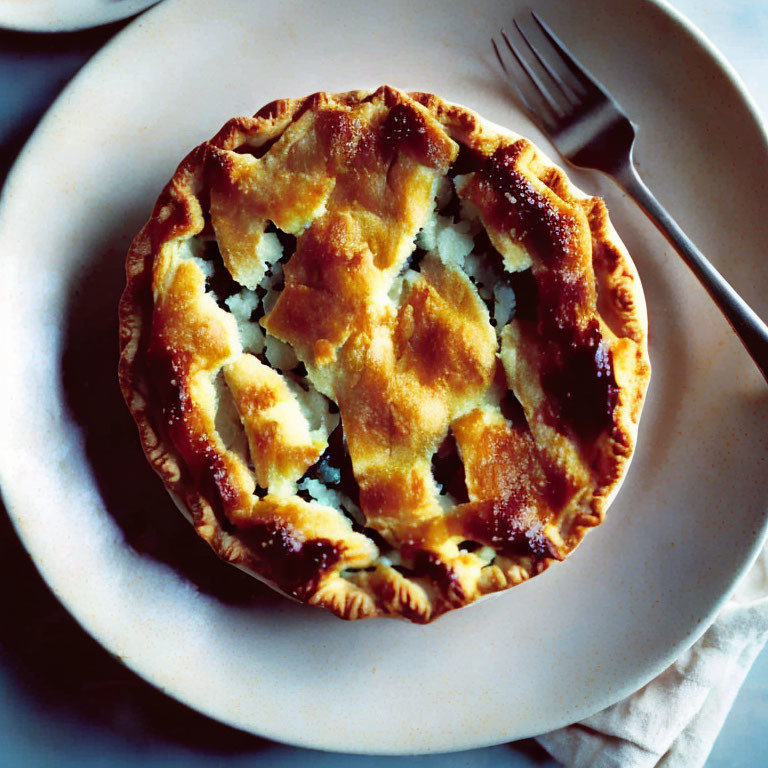 Golden-brown baked pie with lattice crust on plate and fork